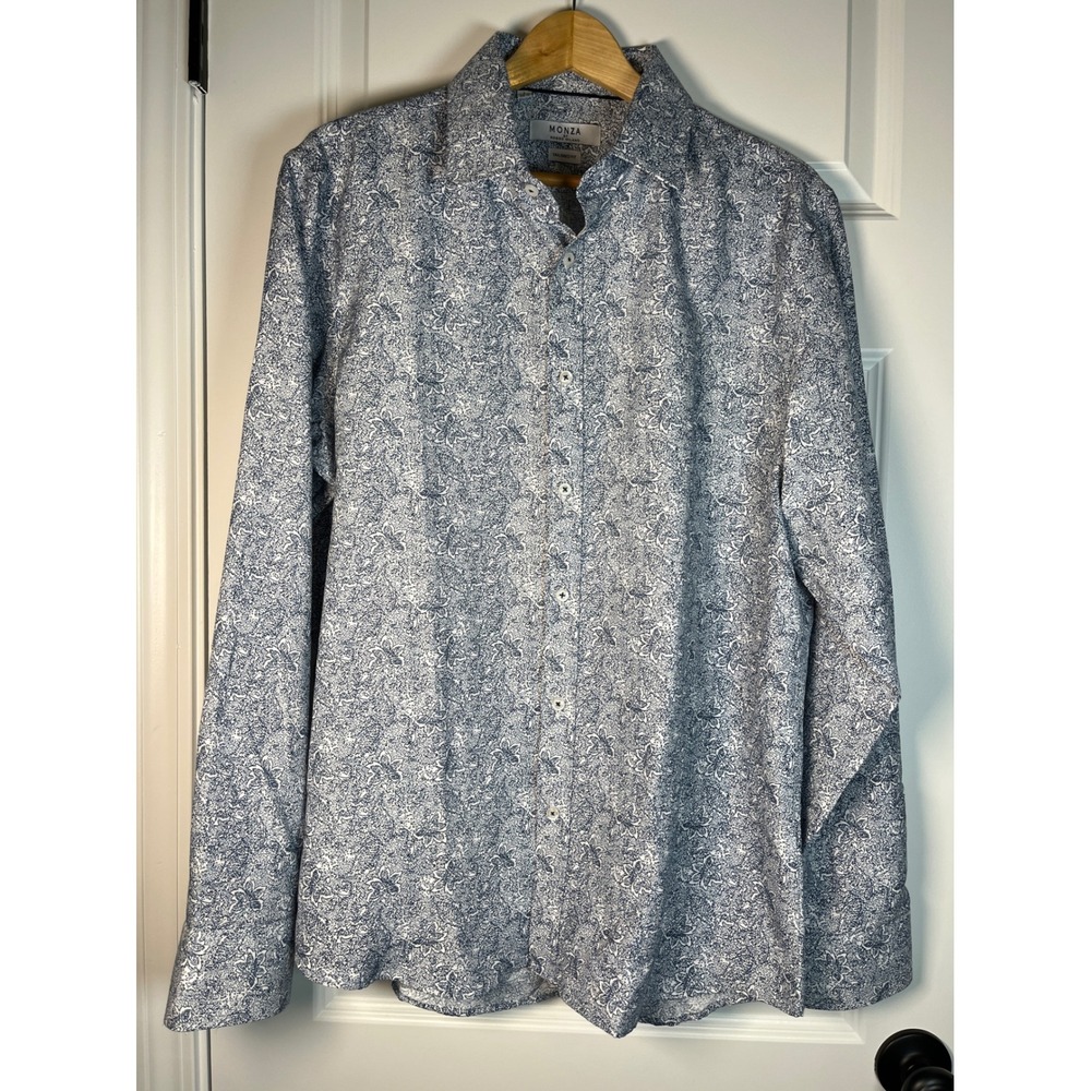 Monza by Rosso Milano Mens Tailored Fit Floral  Button Down Shirt Blue L 16.5